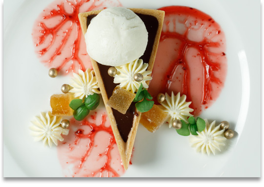 Chocolate tart slice with ice cream and garnishes